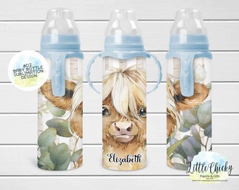 May include: 8 oz baby bottle sublimation design featuring a watercolour illustration of a Highland cow with a floral background. The design includes the name "Elizabeth" and the text "Little Chickie Paperie & Gifts".