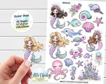 Sticker Sheet - Mermaid Stickers, Mermaid & Friends Planner Stickers, Scrapbook Stickers, Journal Stickers, Journal Stickers, Baby Stickers