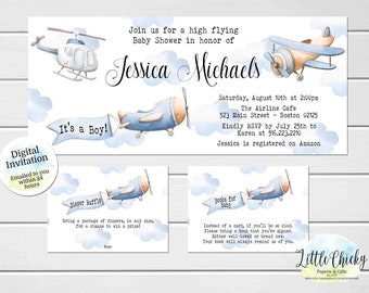 Airplane baby shower invitation with diaper raffle cards and books for baby cards, Airplane Baby Shower Invitation, Boy Baby Shower Set