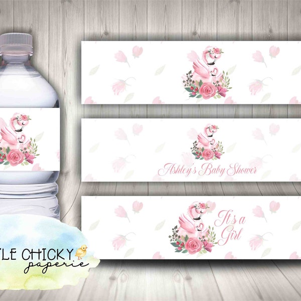 Flamingo Baby Shower Water Bottle Wrappers, Floral Flamingo Baby Shower Water Bottle Wrappers, Printable Water Bottle Wrappers