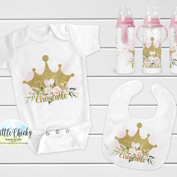Pink & Gold Princess Sublimation Gift Set Files, Gold Crown Princess Baby Bib, Shirt, 8oz baby bottle, INSTANT DOWNLOAD, Sublimation PNG