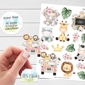 Foglio di adesivi: adesivi Safari floreali rosa, adesivi per pianificatore, adesivi per album di ritagli, adesivi per diario, adesivi per diario, adesivi per bambini
