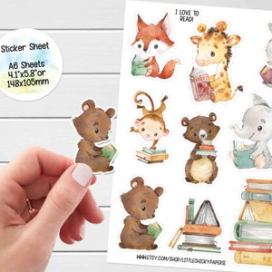 Feuille d'autocollants - J'aime lire, animaux qui lisent, autocollants pour agenda, autocollants de scrapbooking, autocollants animaux, autocollants pour journaux intimes, autocollants bébé