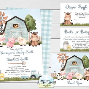 Blue Farm Baby Shower Einladungs-Set mit Windel-Verlosungskarten, Bücher für Babykarten und Dankeskarten, Barnyard Animals Baby Shower Bundle