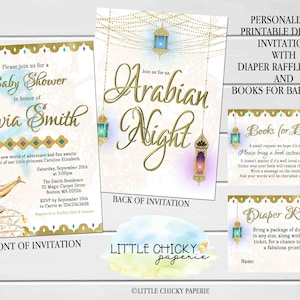 Arabian Nights Baby Shower Invitation Set with diaper raffle and books for baby cards
