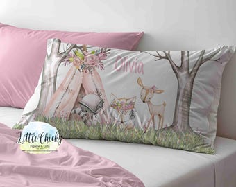 Personalized Pillowcase - Pink Woodland Animals Pillowcase, Soft Microfiber, Personalized Pillowcase with Name, Gift for Toddlers & Children