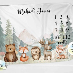 Woodland Animals Milestone Blanket, Monthly Photo Blanket, Personalized Milestone Blanket, Forest Animals Blanket, Baby Shower Gift