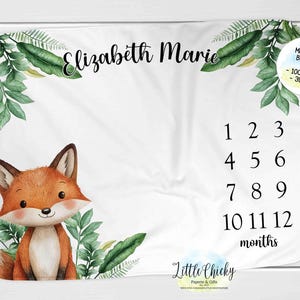 Fox Milestone Blanket, Monthly Photo Blanket, Personalized Milestone Blanket, Woodland Animals, Blanket, Baby Shower Gift, New Baby Gift