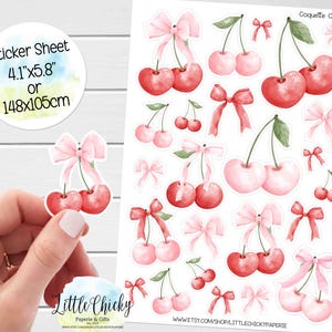 Feuille d'autocollants - Stickers cerises Coquette, Stickers cerises roses et rouges, Stickers agenda, Stickers album, Stickers carnet