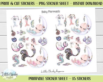 Printable Stickers -Baby Mermaid Stickers, PNG Stickers, Print N Cut Stickers, Digital Download, Journal Stickers, Scrapbook Stickers