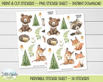 Printable Stickers - Woodland Animals Stickers, Print & Cut Stickers, Digital Download, Journal Stickers, Scrapbook Stickers