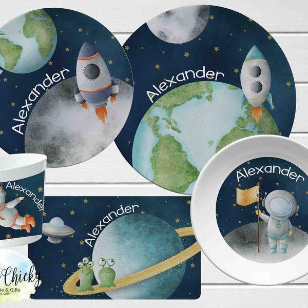 Space Children's Plate set, Outer Space Personalized Plate, Planets, Moon, Astronauts, Cup, Melamine Plate, Birthday Gift, First Birthday