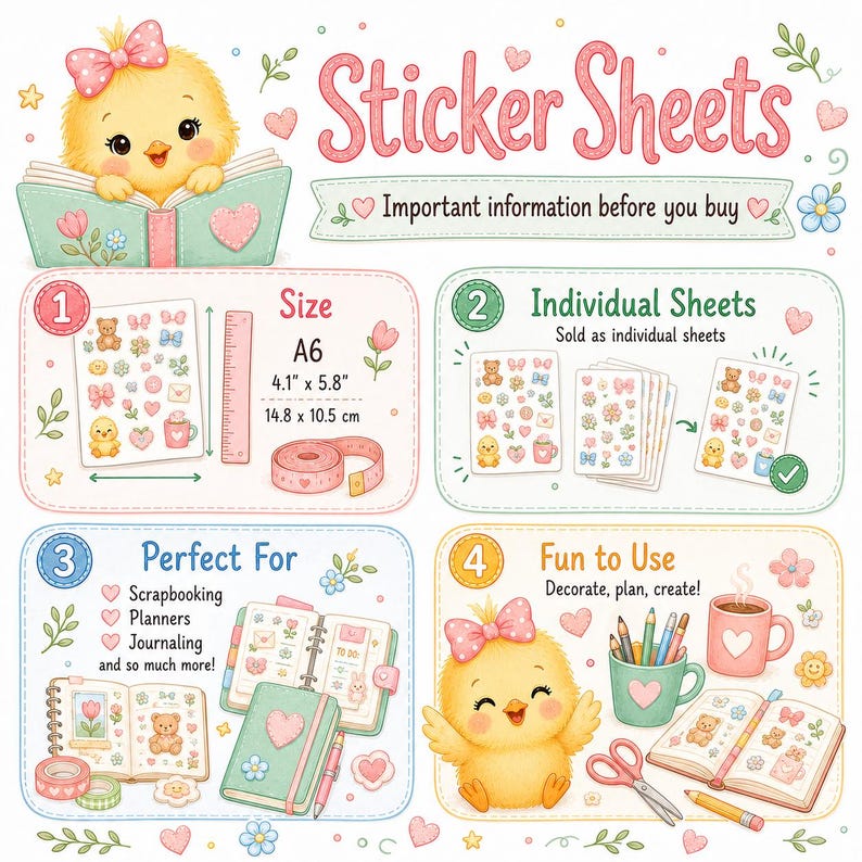 Pu&ograve; includere: Un grafico informativo per fogli di adesivi con un pulcino giallo. Mostra il formato A6 di 10,5 cm per 14,8 cm, indica la vendita di fogli singoli, elenca usi come lo scrapbooking e mostra vari articoli di cancelleria decorativi.