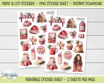 Printable Stickers - Candy Cane Christmas Stickers, Print & Cut Sticker, Digital Download, Holiday Stickers, Scrapbook Sticker