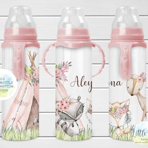 Pink Woodland Animals 8oz Baby Bottle Sublimation Design, Kids, Baby Sublimation Design, PNG File, Instant Download, Tumbler Template