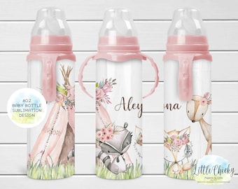 Pink Woodland Animals 8oz Baby Bottle Sublimation Design, Kids, Baby Sublimation Design, PNG File, Instant Download, Tumbler Template