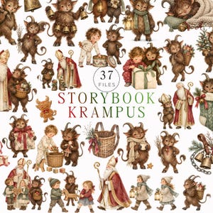 Puede incluir: Una colección de 37 ilustraciones digitales con criaturas Krampus de pelaje marrón, San Nicolás con túnicas rojas y niños con ropa de invierno. El texto central dice 37 FILES STORYBOOK KRAMPUS en letras rojas y verdes.