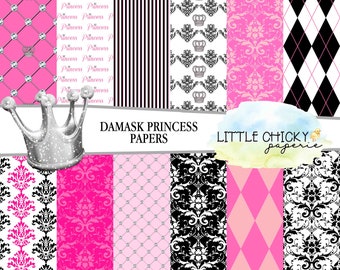 Damask Pink Princess Digital Paper Set, Hot Pink Damask Digital Paper Set, Scrapbook Paper, Elegant Digital Paper