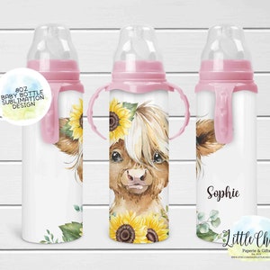 Highland Cow 8oz Baby Bottle Sublimation Design, Sunflower Highland Cow Baby Bottle Sublimation PNG, Instant Download, Tumbler Template