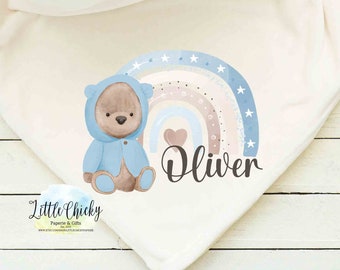 Blue Boho Rainbow Bear Blanket Sublimation Design, Bear Sublimation PNG File, Blanket, Bib, Shirt Sublimation Design, Instant Download