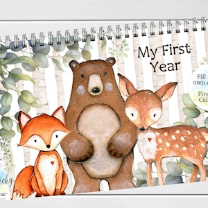 Woodland Animals Baby-Erinnerungskalender für das erste Jahr, Kalender für das erste Jahr mit Meilenstein-Aufklebern, BLANK-Kalender, Baby-Geschenk, Babypartygeschenk