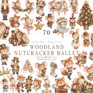 Puede incluir: Una colección de 70 ilustraciones en acuarela con animales del bosque vestidos como cascanueces y bailarines de ballet, incluyendo ratones, zorros y conejos, junto a árboles de Navidad, calcetines y regalos, con el texto WOODLAND NUTCRACKER BALLET.