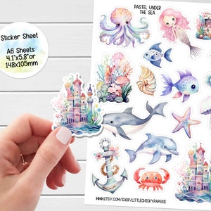 Feuille d'autocollants - Stickers sous la mer, Stickers d'agenda pastel, Stickers de scrapbooking, Stickers sirène, Stickers de carnet de voyage, Stickers bébé