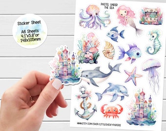 Sticker Sheet - Under the Sea Stickers, Pastel sea Planner Stickers, Scrapbook Stickers, Mermaid Stickers, Journal Stickers, Baby Stickers