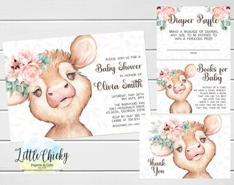 Cow Baby Shower Invitation Set, Pink Floral Cow Baby Shower Invitation, Thank you Card, Diaper Raffle Card, Book Request, Printable