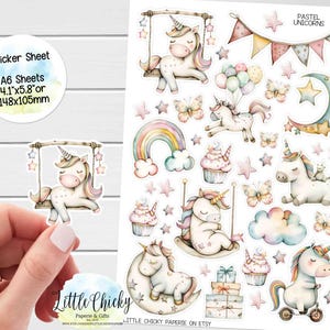 Hoja de pegatinas: pegatinas de unicornio pastel, unicornios bonitos, pegatinas para planificador, pegatinas para álbumes de recortes, pegatinas de unicornio, pegatinas para diario