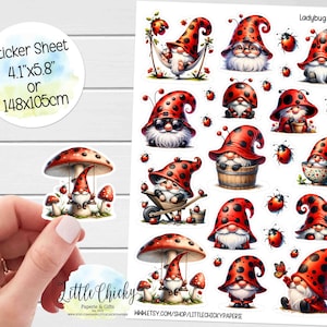Feuille d'autocollants - Stickers coccinelles gnomes, autocollants pour agenda, autocollants de scrapbooking, autocollants pour carnet de notes, autocollants coccinelle, autocollants nain