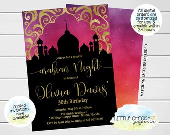 May include: A printable invitation for a 30th birthday party with a magical Arabian Nights theme. The invitation features a silhouette of a mosque and other buildings against a pink and purple watercolor background with gold accents. The text reads "Join us for a magical Arabian Night in honor of Olivia Davis' 30th Birthday".