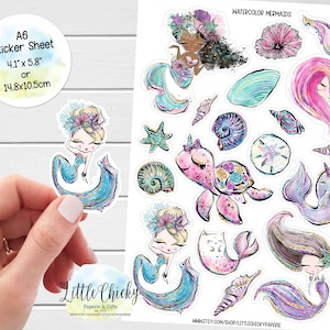 Feuille d'autocollants - Stickers aquarelle sirène, Stickers agenda, Stickers album, Stickers sirène, Stickers journal, Under the Sea