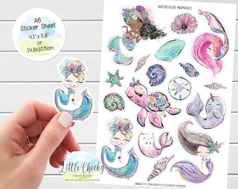 Sticker Sheet - Watercolor Mermaid Planner Stickers, Planner Stickers, Scrapbook Stickers, Mermaid Stickers, Journal Stickers, Under the Sea