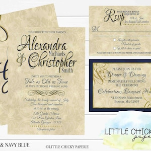 Juego de invitaciones de boda de La Bella y la Bestia, RSVP y tarjetas de detalles, rosa roja, oro, invitación digital azul marino, invitación imprimible