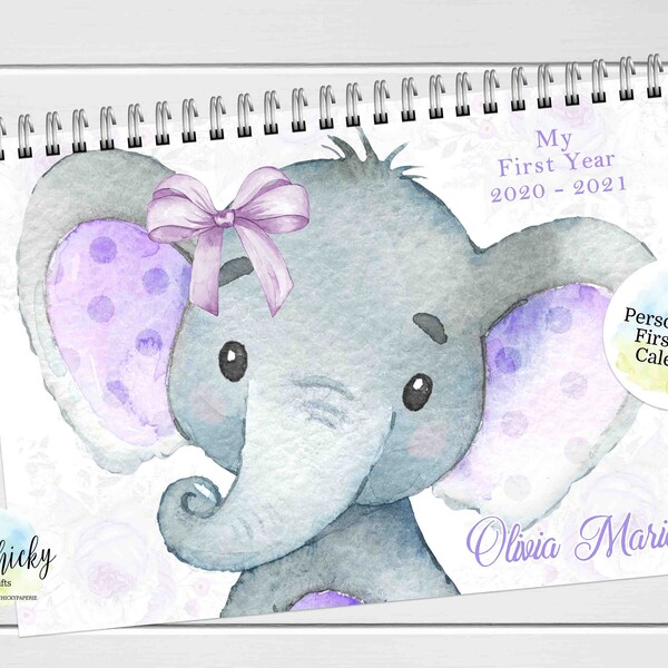 Calendario de recuerdo para el primer año de bebé con elefante morado, calendario floral para el primer año con elefante, pegatinas para hitos, calendario para el primer año de niña.