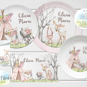 Ensemble d'assiettes pour enfants animaux des bois, assiette personnalisée animaux de la forêt rose, tasse, assiette en mélamine, cadeau d'anniversaire, premier anniversaire, cadeau de bébé Set FIVE