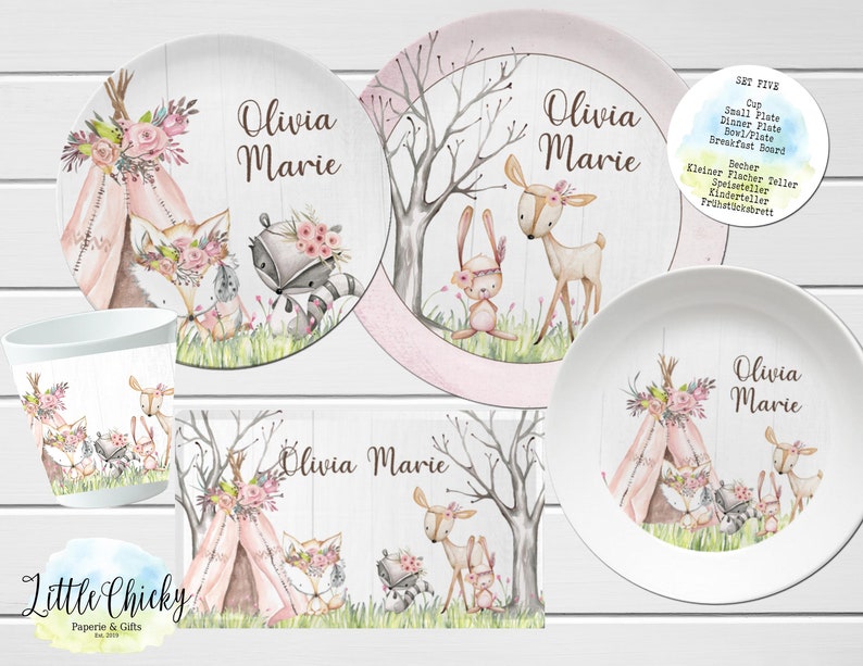 Ensemble d'assiettes pour enfants animaux des bois, assiette personnalisée animaux de la forêt rose, tasse, assiette en mélamine, cadeau d'anniversaire, premier anniversaire, cadeau de bébé Set FIVE