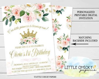 Crown Princess First Birthday Invitation, Blush Pink and Gold Floral Invitation, Royal Princess Invitation, Printed or Digital invitation