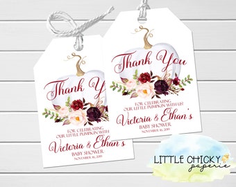 Little Pumpkin Baby Shower Favor Tags, Marsala and Pink Floral Pumpkin Baby Shower Thank You Tags, Printable Party Tags, Girl Baby Shower