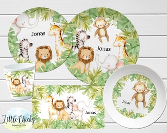 Safari Tiere Kinderteller Set, Dschungel Tiere personalisierte Teller, Tasse, Melamin Teller, Geburtstagsgeschenk, Erster Geburtstag, Baby Geschenk