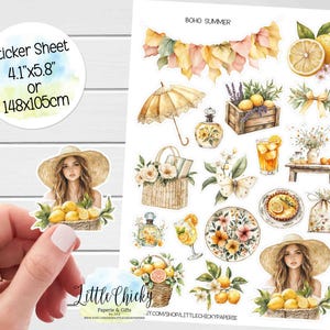 Feuille d'autocollants - Stickers été bohèmes, Stickers agenda, Stickers album, Stickers journaux, Stickers citrons et fleurs, Stickers été