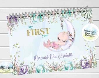 Mermaid First Year Baby's Keepsake Calendar, Under the Sea First Year Calendar Milestone Stickers, First Year Calendar, Baby Girl Gift