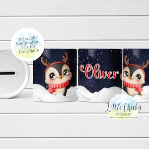 Penguin Coin Bank Full Wrap Sublimation Design, Christmas Penguin money box, Instant Download, Sublimation Bank Template, Sublimation PNG