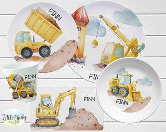 Gepersonaliseerde constructie kinderbordenset, bouwvoertuigen melamine set, verjaardagscadeau, doopcadeau, kindercadeau