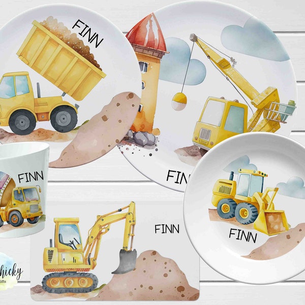 Personalized Construction Children's Plate set, Construction Vehicles Melamine Set, Birthday Gift, Baptism Gift, Children's Gift