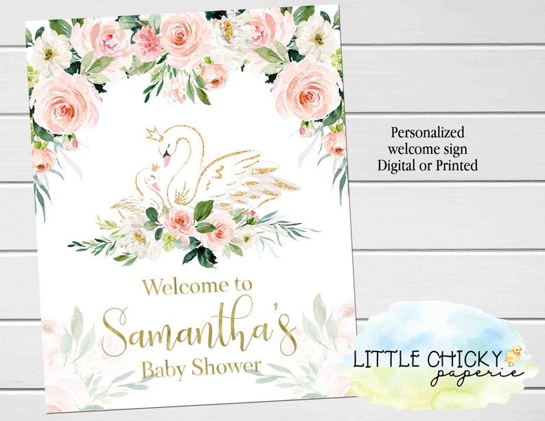 Digital Poster Swan Baby Shower Welcome Sign DIGITAL Pink and Gold Floral Swan Welcome Poster