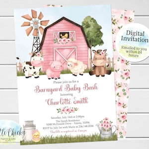 Farm Baby Shower Invitation, Pink Barnyard Baby Shower Invitation, Farm Animals, Girl Baby Shower, Barnyard Bash, Floral Farm Invitation