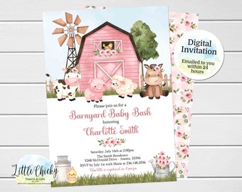Op de afbeelding: Roze en witte babyshower-uitnodiging met een aquarel-illustratie van een rode schuur, een koe, een varken, een schaap en een paard. De tekst luidt "Sluit je aan bij ons voor een Barnyard Baby Bash ter ere van Charlotte Smith".