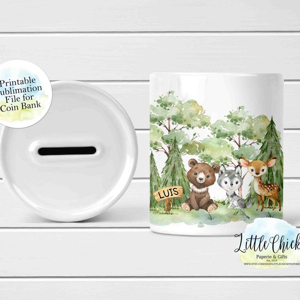 Woodland animals Baby Money Box, Coin Bank Sublimation Design, Center Image, Instant Download, Sublimation Bank Template, Sublimation PNG